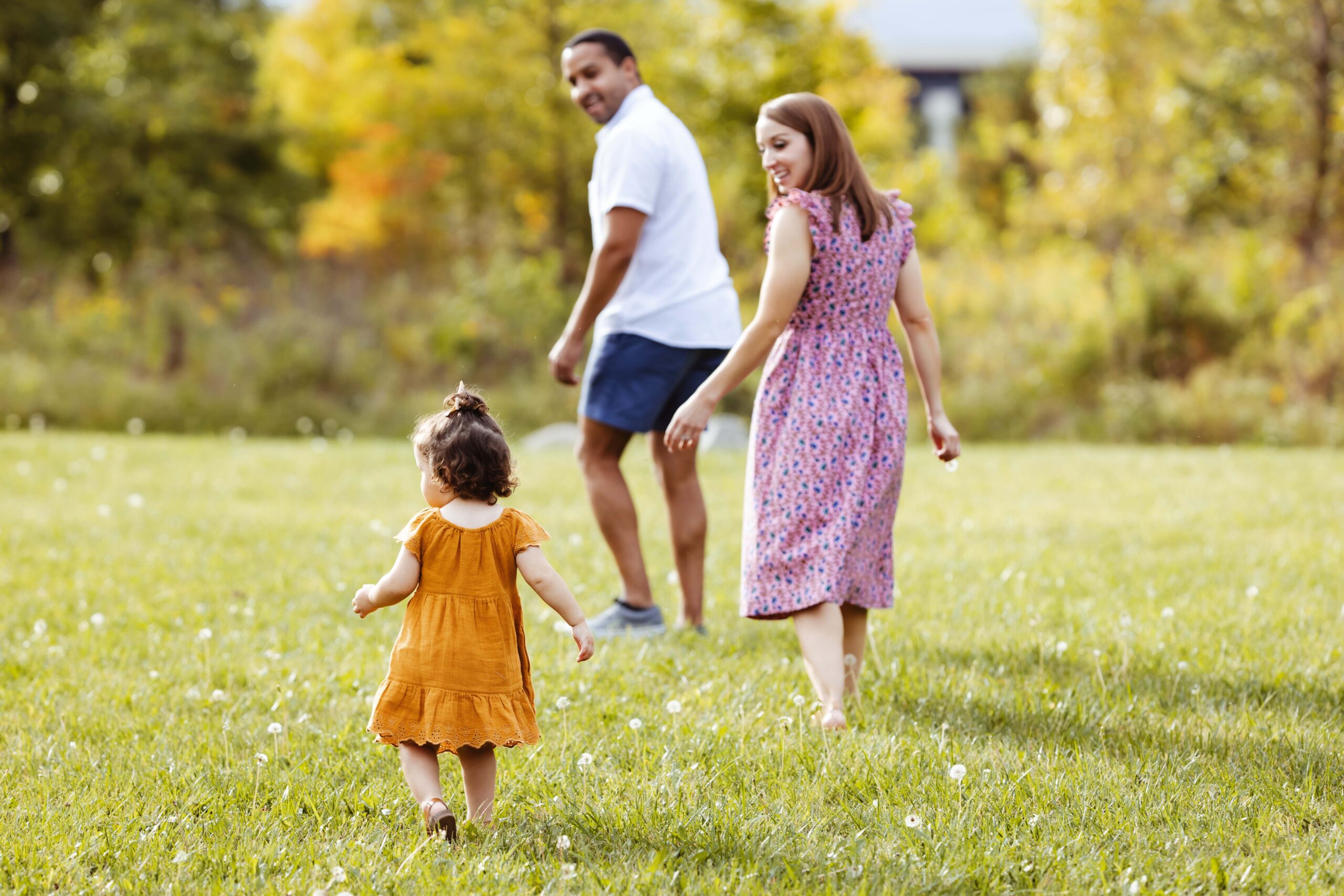 A mom and dad walking in a field with a toddler. Westfield family photographer